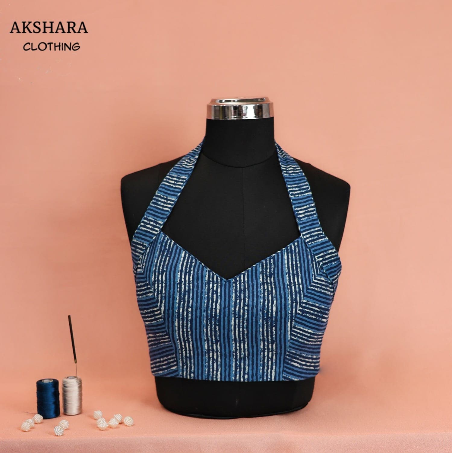 Cobalt Handloom High-Neck Blouse