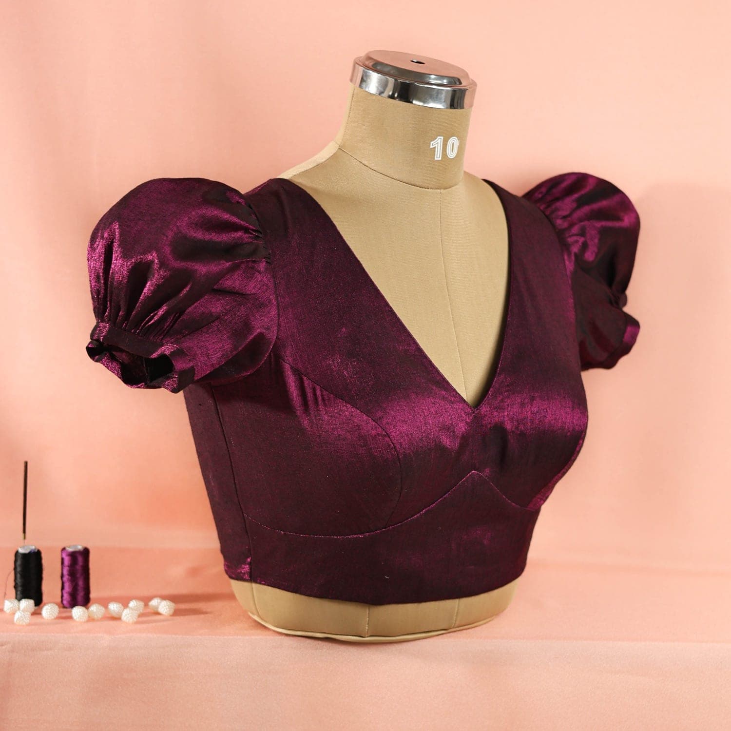 Plum Satin Puff-Sleeve Blouse