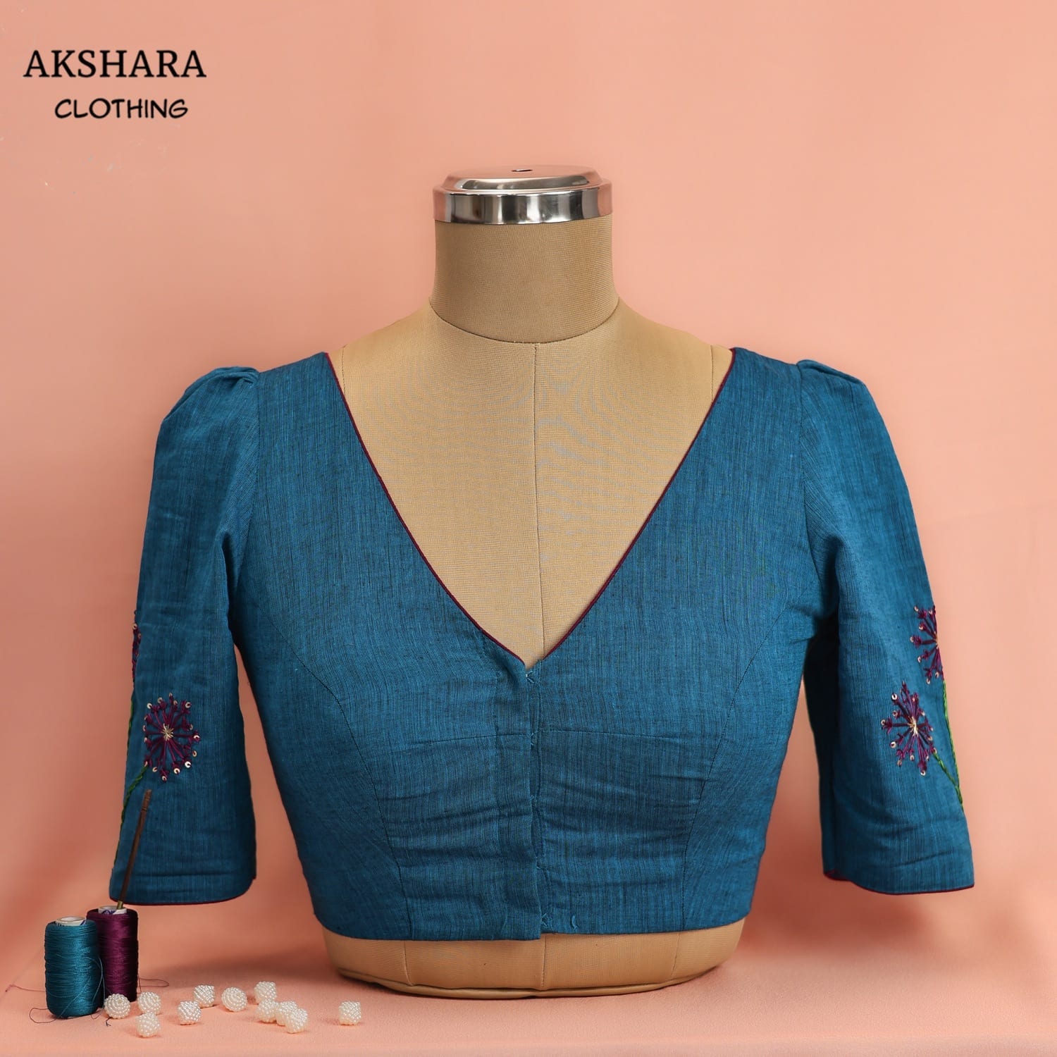 Peacock-Blue Linen Floral Blouse