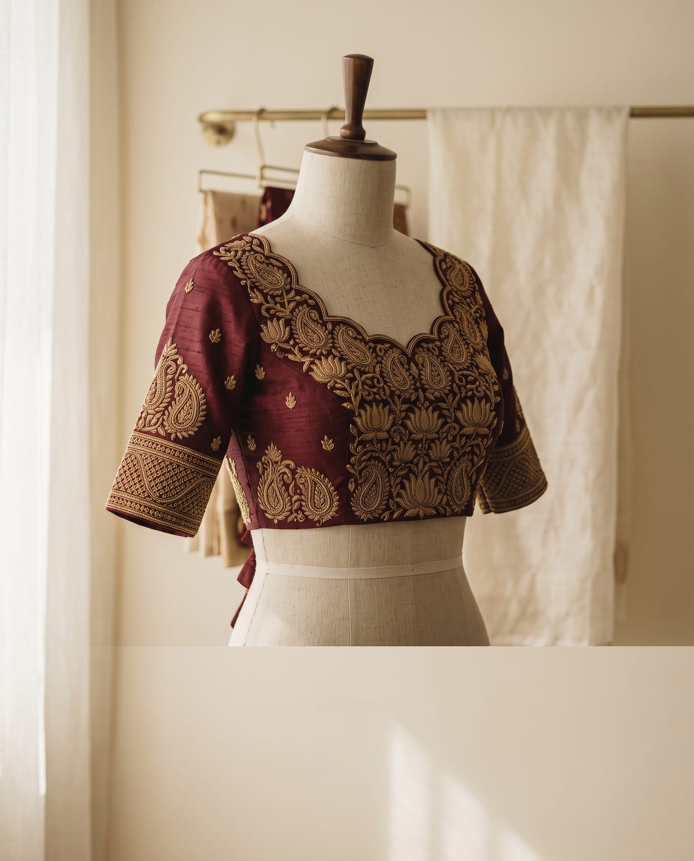 A maroon raw-silk bridal blouse with gold aari work on a tailor's dress form